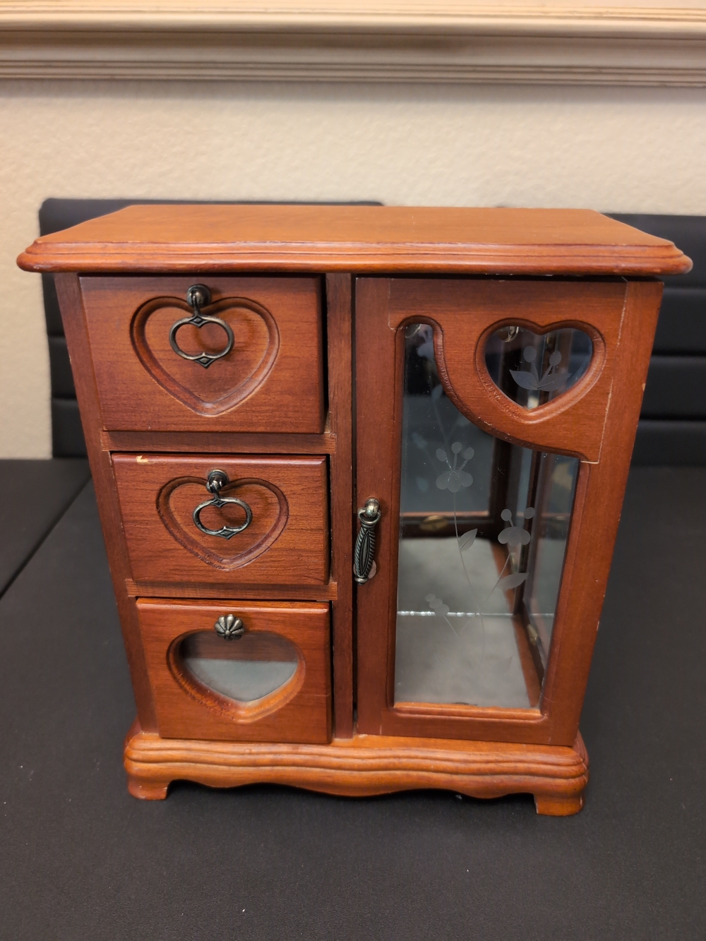 Wooden Heart Jewelry Box with Glass Door - Brown
